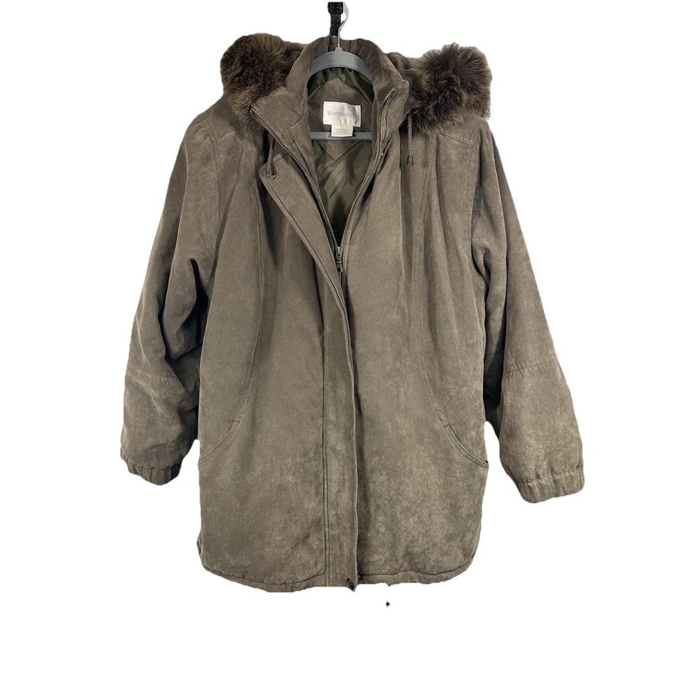 Worthington Women's Suede Jacket Size L Brown Zipper Faux Fur Hood Oversized